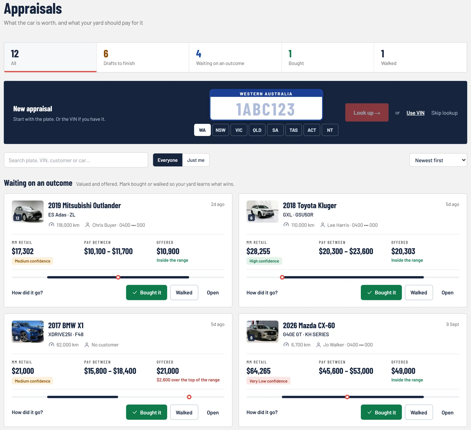 Appraisals: new appraisal by plate, and appraisals waiting on an outcome with the pay-between range and offer