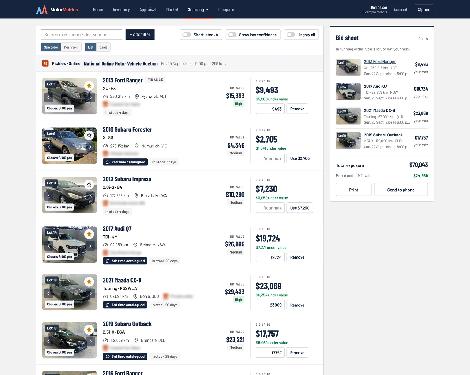 Auction buyer lot list: each lot's MM value, confidence and bid-up-to price after fees, with the bid sheet beside it