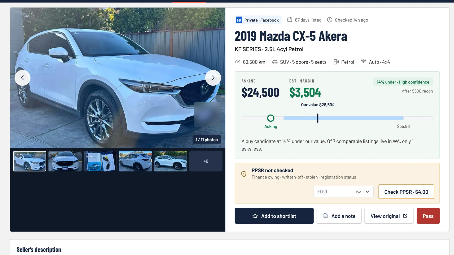 A private 2019 Mazda CX-5 Akera from Facebook Marketplace with its asking price and estimated margin