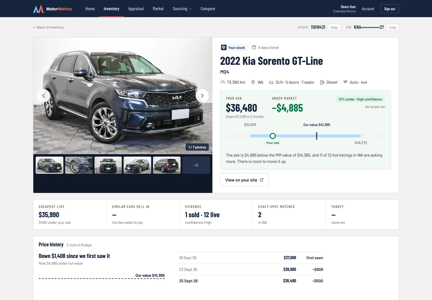 Car page for a 2022 Kia Sorento GT-Line in stock