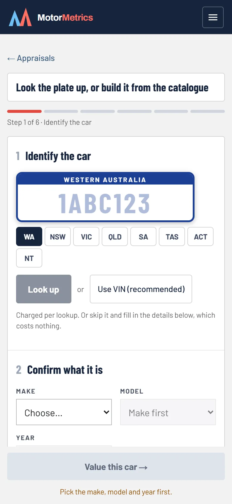 New appraisal on a phone: look up the plate or build from the catalogue