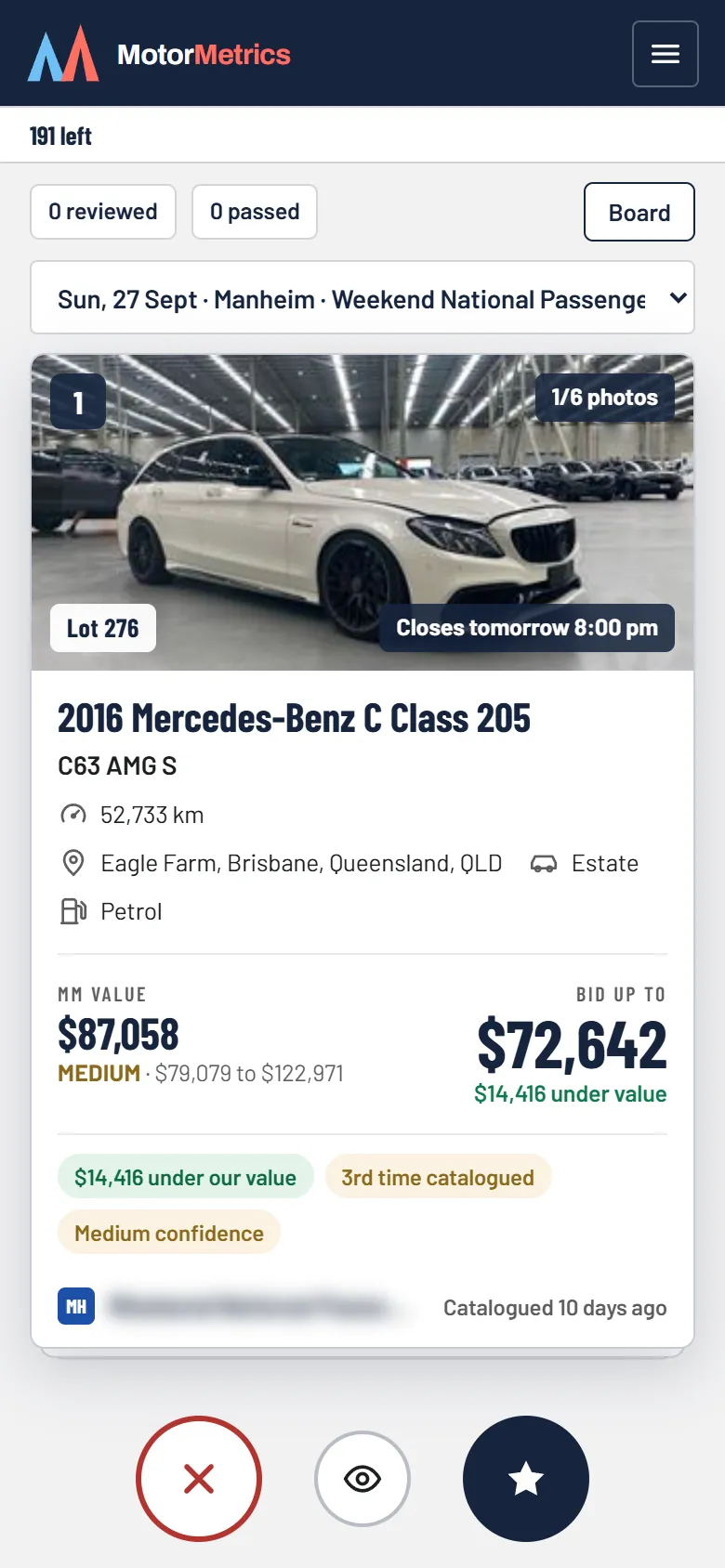 Auction prep on a phone: swipe through a sale's lots