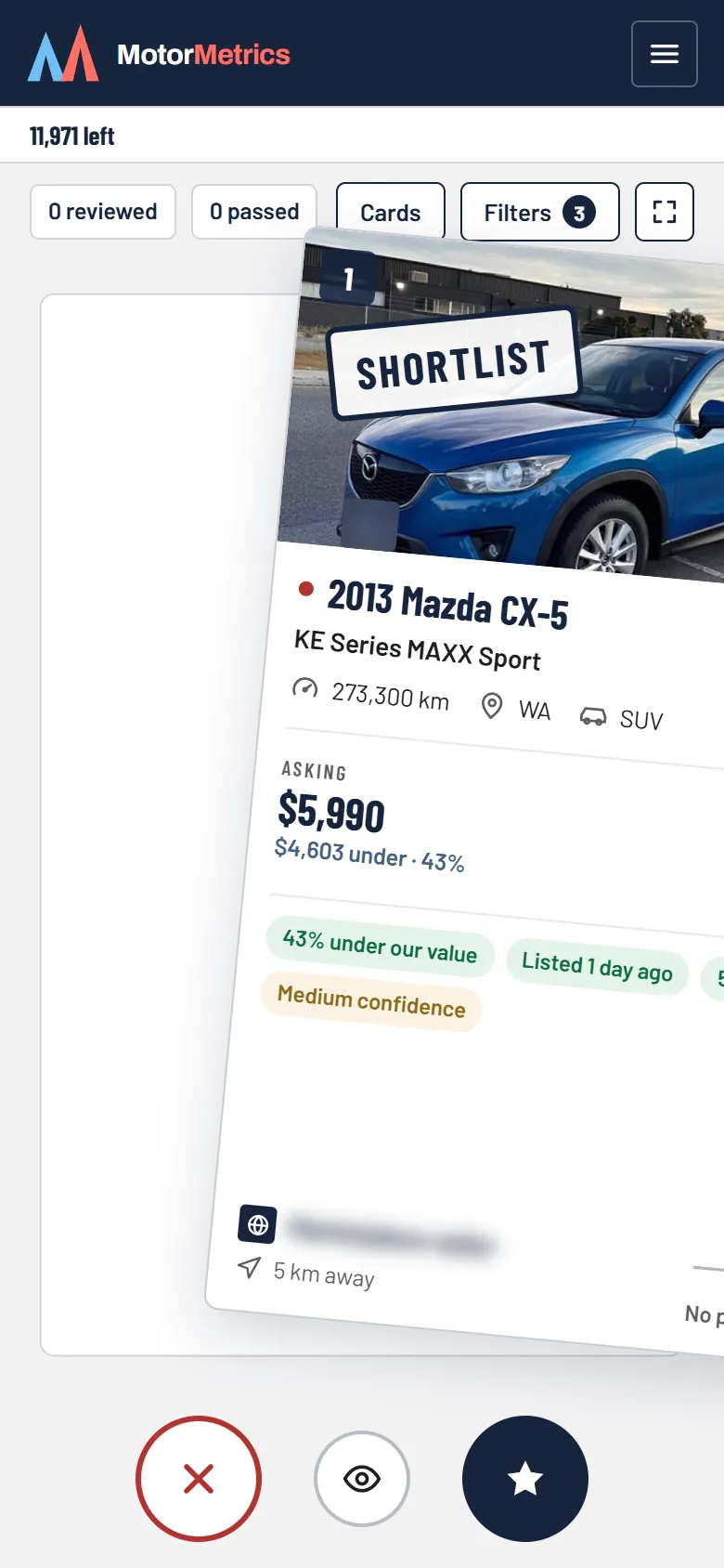 Sourcing on a phone: a 2013 Mazda CX-5 card mid-swipe with the Shortlist stamp