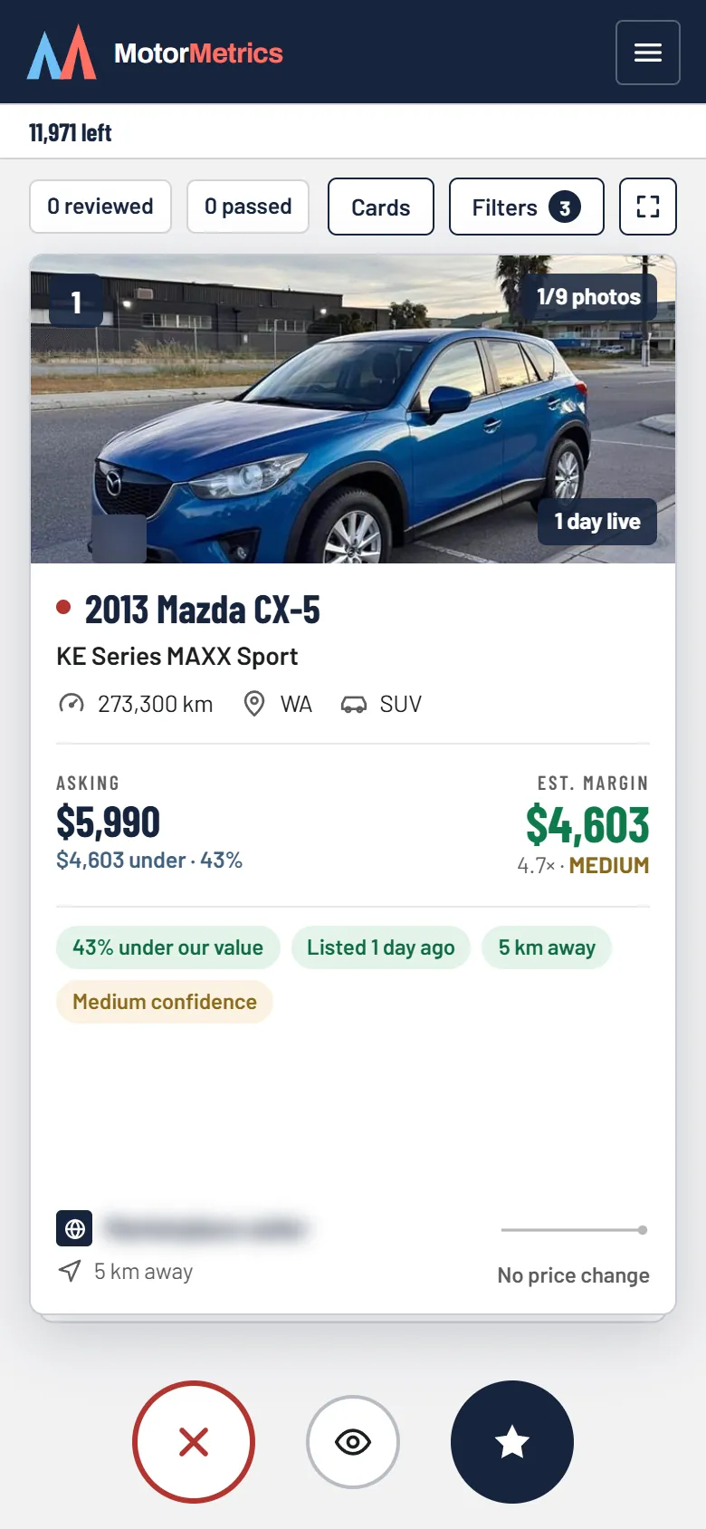 Focused view on a phone: a 2013 Mazda CX-5, asking $5,990, $4,603 estimated margin