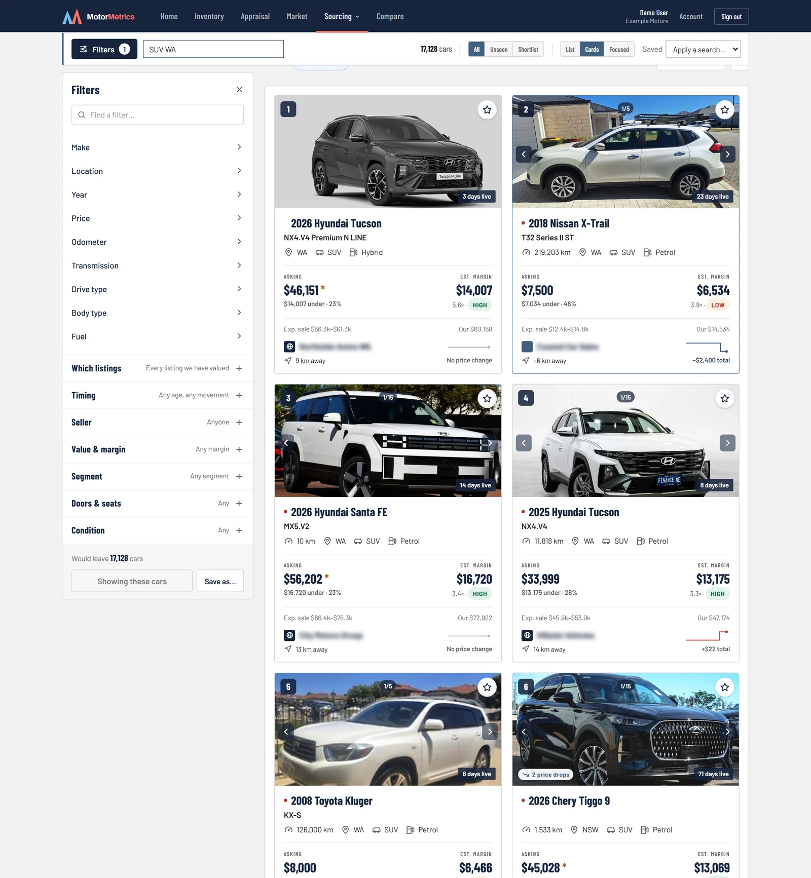 Sourcing in Cards view with the filter panel open: SUVs in WA, each with asking price, estimated margin, confidence and our value